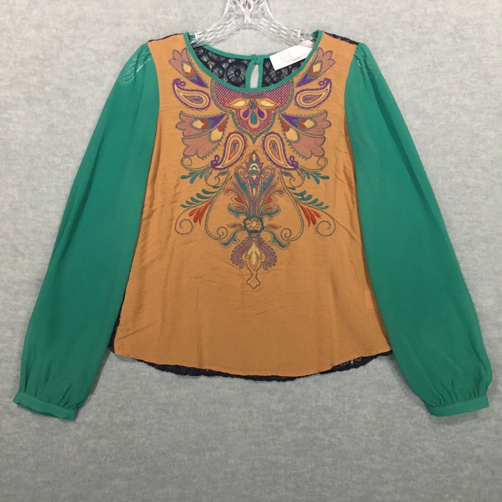 Paper Dolls S Sheer Embroidered Blouse Lace Back Green Tan Navy Color Block Boho